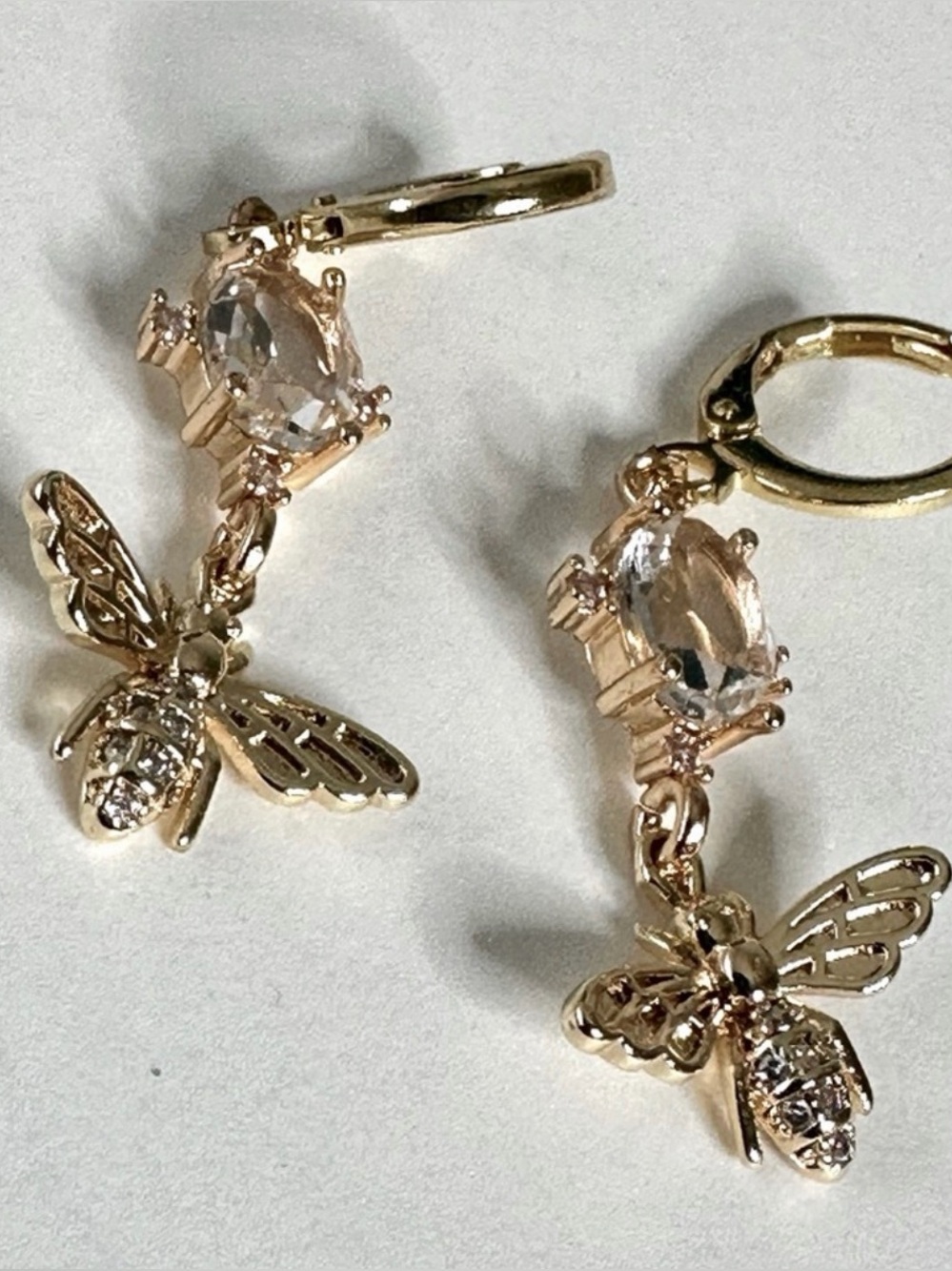 Gold Filled Bee Drop Hoop Earrings with Clear Stones - Women Jewelry